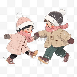 冬天卡通可爱孩子打雪仗手绘元素