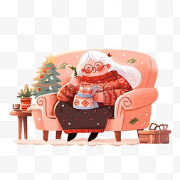坐沙发手绘图片_冬天慈祥奶奶喝咖啡手绘卡通元素