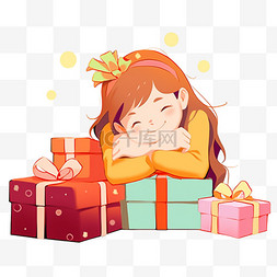 新年背景礼盒图片_新年圣诞节女孩礼物手绘元素卡通
