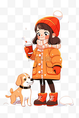 棕色羽绒服图片_冬天可爱女孩宠物咖啡卡通手绘元