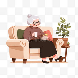 坐沙发手绘图片_冬天慈祥奶奶喝咖啡手绘卡通元素