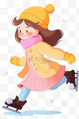 蓝色冬天背景图片_冬天可爱女孩手绘滑冰卡通元素