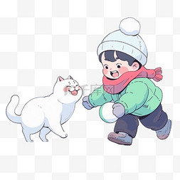 小男孩玩雪图片_冬天可爱孩子宠物玩雪卡通手绘元