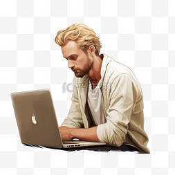 在笔记本电脑后面思考的金发男人