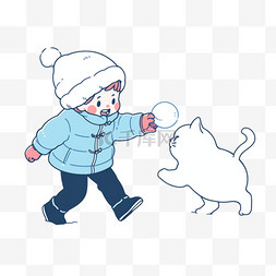 冬天可爱孩子宠物玩雪手绘元素卡