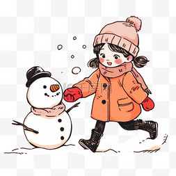 可爱孩子冬天堆雪人卡通手绘元素