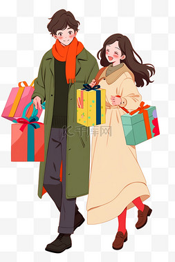 购物的情侣图片_情侣购物卡通手绘元素新年