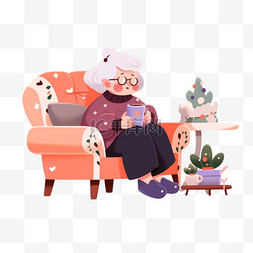冬天慈祥奶奶喝咖啡卡通元素手绘