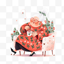 卡通冬天慈祥奶奶喝咖啡手绘元素