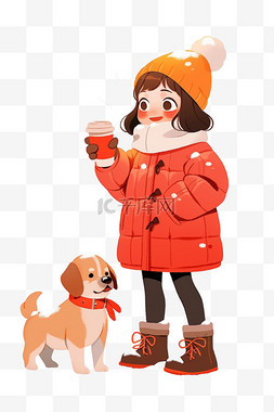 卡通小狗女孩图片_可爱女孩宠物咖啡卡通手绘冬天元
