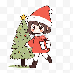 棕色的裤子图片_卡通圣诞节元素圣诞树可爱女孩手