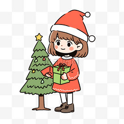 黑色描边礼盒图片_圣诞节圣诞树手绘元素可爱女孩卡