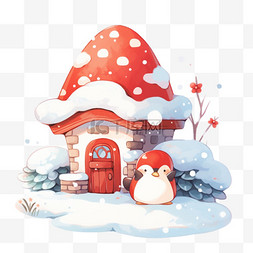 新年手绘元素冬天蘑菇屋企鹅卡通
