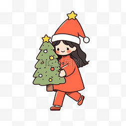 黑色描边礼盒图片_圣诞节圣诞树可爱女孩手绘元素卡