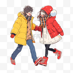 情侣散步卡通图片_冬天手绘情侣雪天散步卡通元素