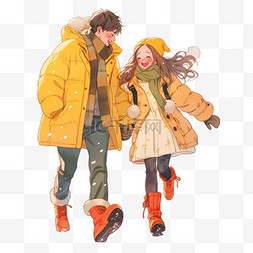 情侣手牵手手绘图片_冬天卡通情侣雪天散步手绘元素