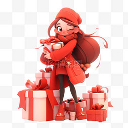 新年3d圣诞节可爱女孩礼盒免抠元