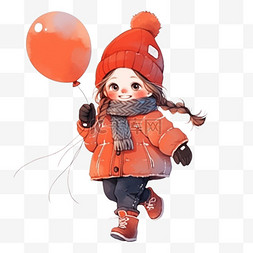卡通新年冬天女孩气球手绘元素