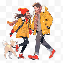 冬天情侣雪天卡通散步手绘元素