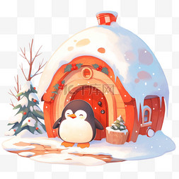 雪地里的企鹅图片_卡通新年冬天蘑菇屋企鹅手绘元素