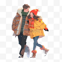 情侣雪天散步卡通冬天手绘元素