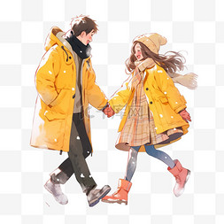 情侣冬天雪天散步卡通手绘元素