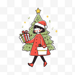 黑色描边礼盒图片_圣诞节圣诞树卡通手绘可爱女孩元