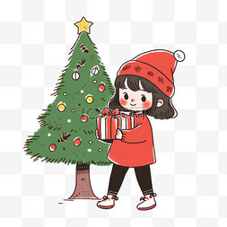 简约黑色背景图片_卡通圣诞节圣诞树可爱女孩手绘元