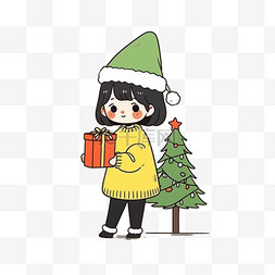 黑色描边礼盒图片_圣诞节卡通手绘圣诞树可爱女孩元
