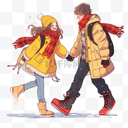 插画手牵手的情侣图片_冬天情侣雪天散步手绘元素卡通