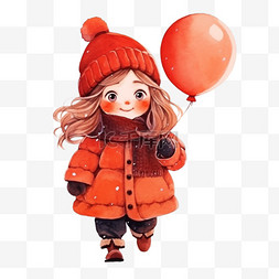 卡通背景女孩气球图片_冬天女孩气球卡通新年手绘元素
