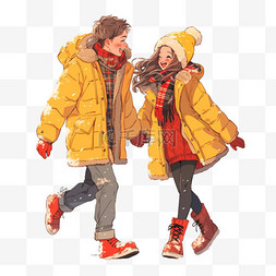 男孩散步图片_冬天雪天情侣散步卡通手绘元素