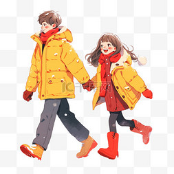 情侣雪天散步冬天卡通手绘元素
