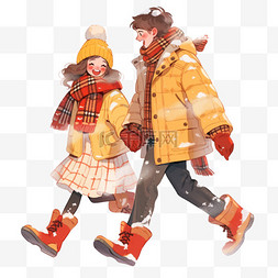 雪地靴女图片_冬天情侣散步雪天卡通手绘元素