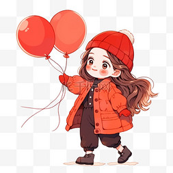 新年卡通冬天女孩气球手绘元素