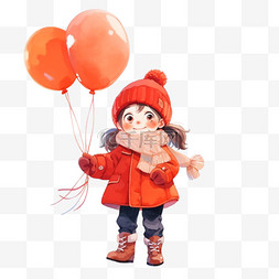 新年手绘元素冬天女孩气球卡通