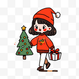 黑色描边礼盒图片_圣诞树可爱女孩卡通手绘元素圣诞