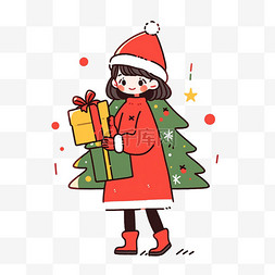 圣诞树手绘图片_圣诞节可爱女孩卡通圣诞树手绘元