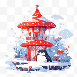 新年冬天蘑菇屋卡通企鹅手绘元素