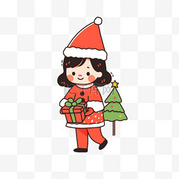 黑色描边礼盒图片_圣诞节手绘圣诞树可爱女孩卡通元