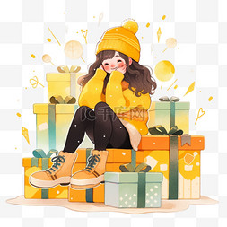 黄色礼盒白色礼盒图片_新年圣诞节女孩礼盒卡通手绘元素