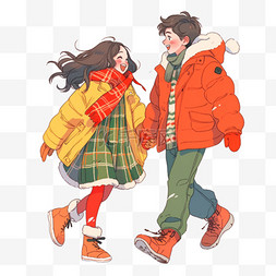 一对情侣手绘图片_冬天情侣雪天散步卡通元素手绘