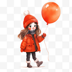新年冬天女孩气球手绘元素卡通