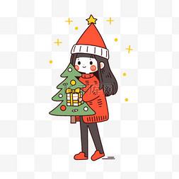 黑色描边礼盒图片_圣诞树可爱女孩卡通圣诞节手绘元