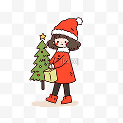 圣诞树可爱女孩圣诞节卡通手绘元