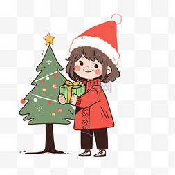 手绘红色圣诞树图片_圣诞节可爱女孩卡通手绘圣诞树元
