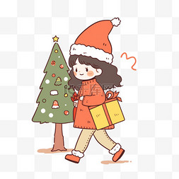 圣诞树可爱女孩卡通手绘圣诞节元