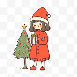 圣诞节圣诞树卡通可爱女孩手绘元