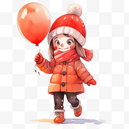 手绘新年冬天女孩气球卡通元素