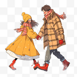 情侣手牵手手绘图片_情侣雪天散步卡通手绘元素冬天